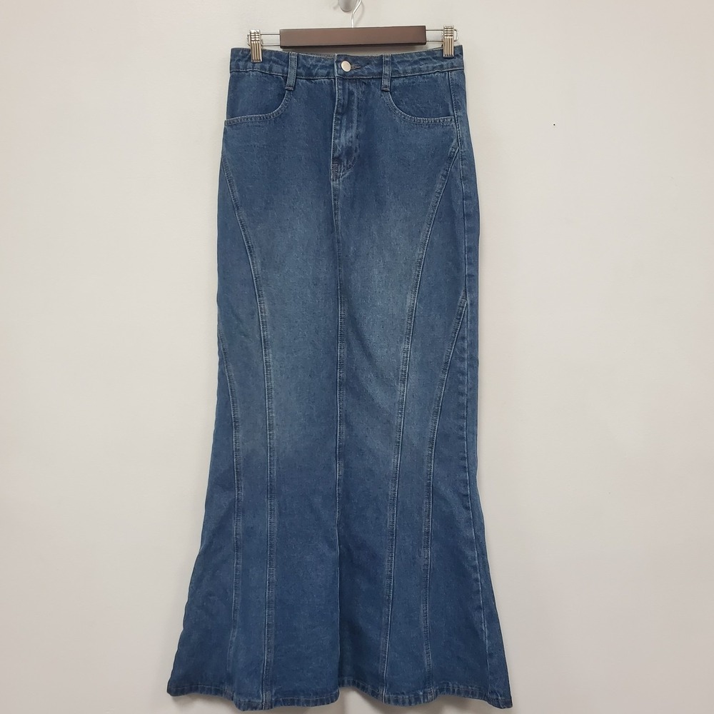 Fashion Nova Womens Ariel Denim Maxi Skirt Size S Blue Dark Wash Flare Cowgirl